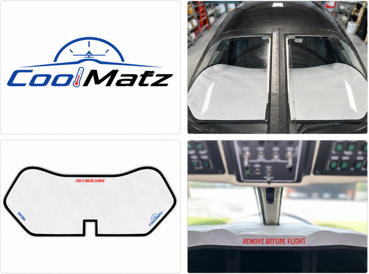 A four-panel grid: the CoolMatz logo; two mats seen from outside through the windshield, covering the glareshield on both sides of the centre post; the mat shown flat — white face, dark bound edge, contoured around the centre post, with the embroidered CoolMatz logo and an N-number; and the view from the cabin, REMOVE BEFORE FLIGHT reading across the glareshield.